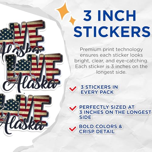 (3 Pack) Alaska Love Decals - USA Flag - State Pride - 3 Inches On Longest Side - Easy Peel & Apply - Made in USA - 3MCS0293