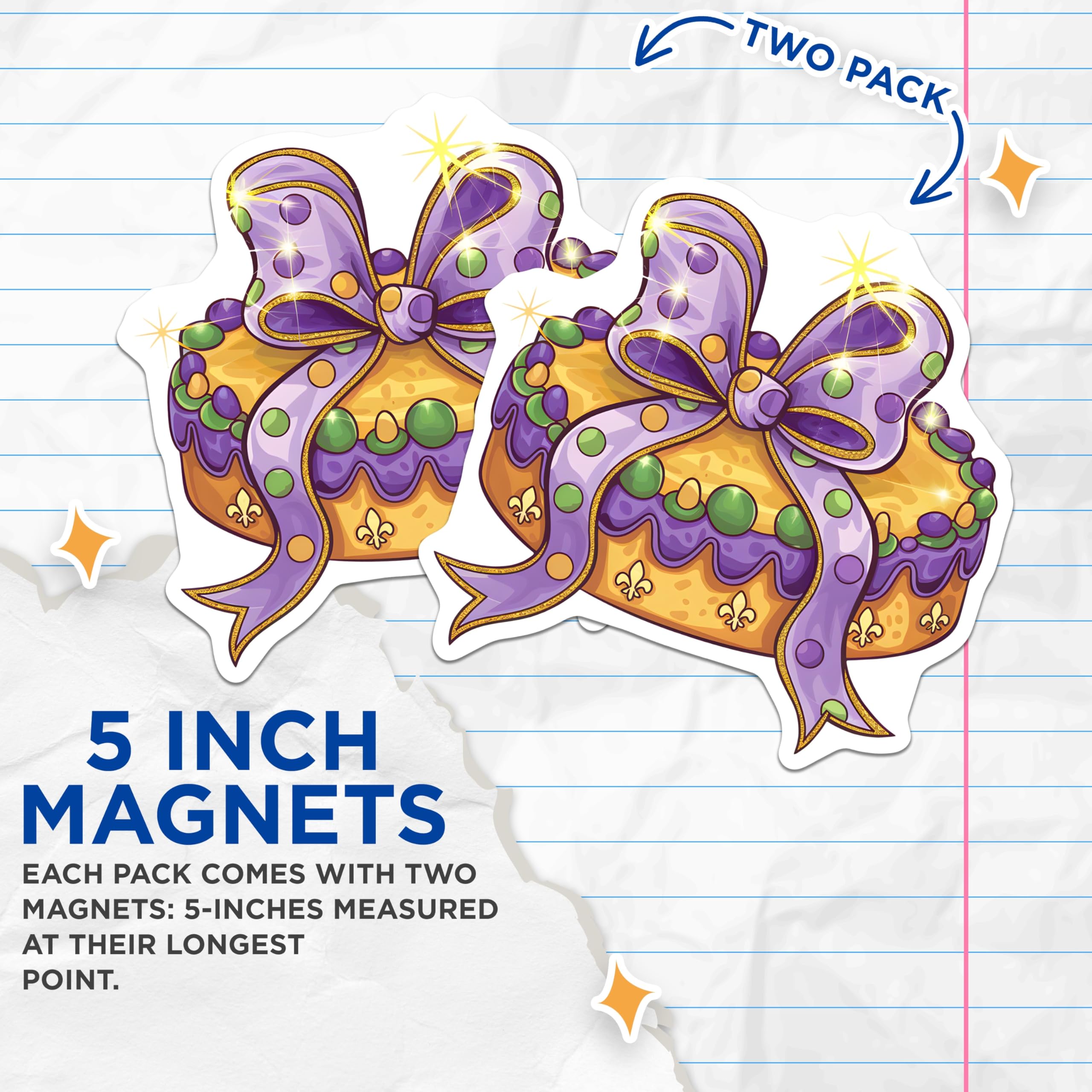 (2 Pack) King Cake Magnets - Mardi Gras Decoration - Celebration Decor - 5" On Longest Side - Premium Magnet - for Cars, Refrigerators, Toolboxes, Lockers - Made in USA - MAG14293