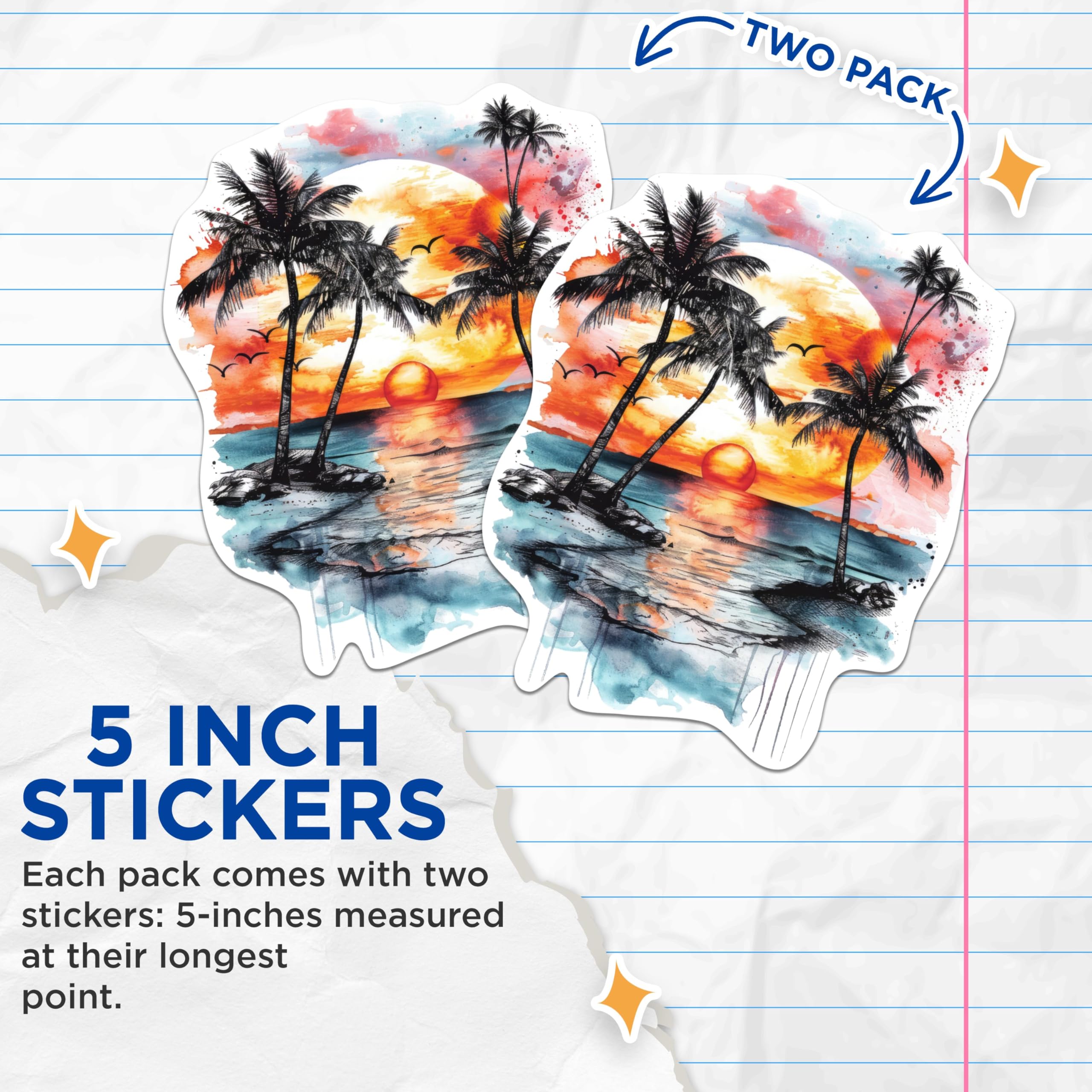(2 Pack) Ocean Sunset with Palm Trees Sticker - Beautiful Ocean Nature Sunset - 5 Inches On Longest Side - Premium Vinyl - for Cars, Trucks, Skateboards, Laptops - Made in USA - BMCS1733
