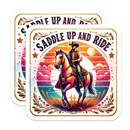 (2 Pack) Saddle Up and Ride Stickers - Western Cowboy Horse Stickers - Retro Style Adventure Stickers - 5" On Longest Side - Sticks to Smooth Flat Surfaces - Made in USA - BMCS6831