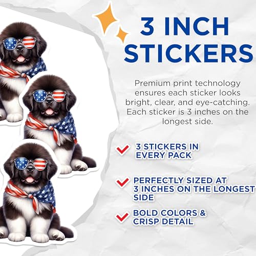 (3 Pack) Patriotic Dog Decals - USA Flag Sunglasses - Puppy Laptop Decals- 3 Inches On Longest Side - Easy Peel & Apply - Made in USA - 3MCS5970
