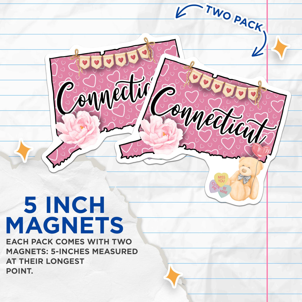 (2 Pack) Connecticut State Magnets - Teddy Bear with Hearts - Connecticut Decor Souvenirs - 5" On Longest Side - Premium Magnet - for Cars, Refrigerators, Toolboxes, Lockers - Made in USA - MAG18757