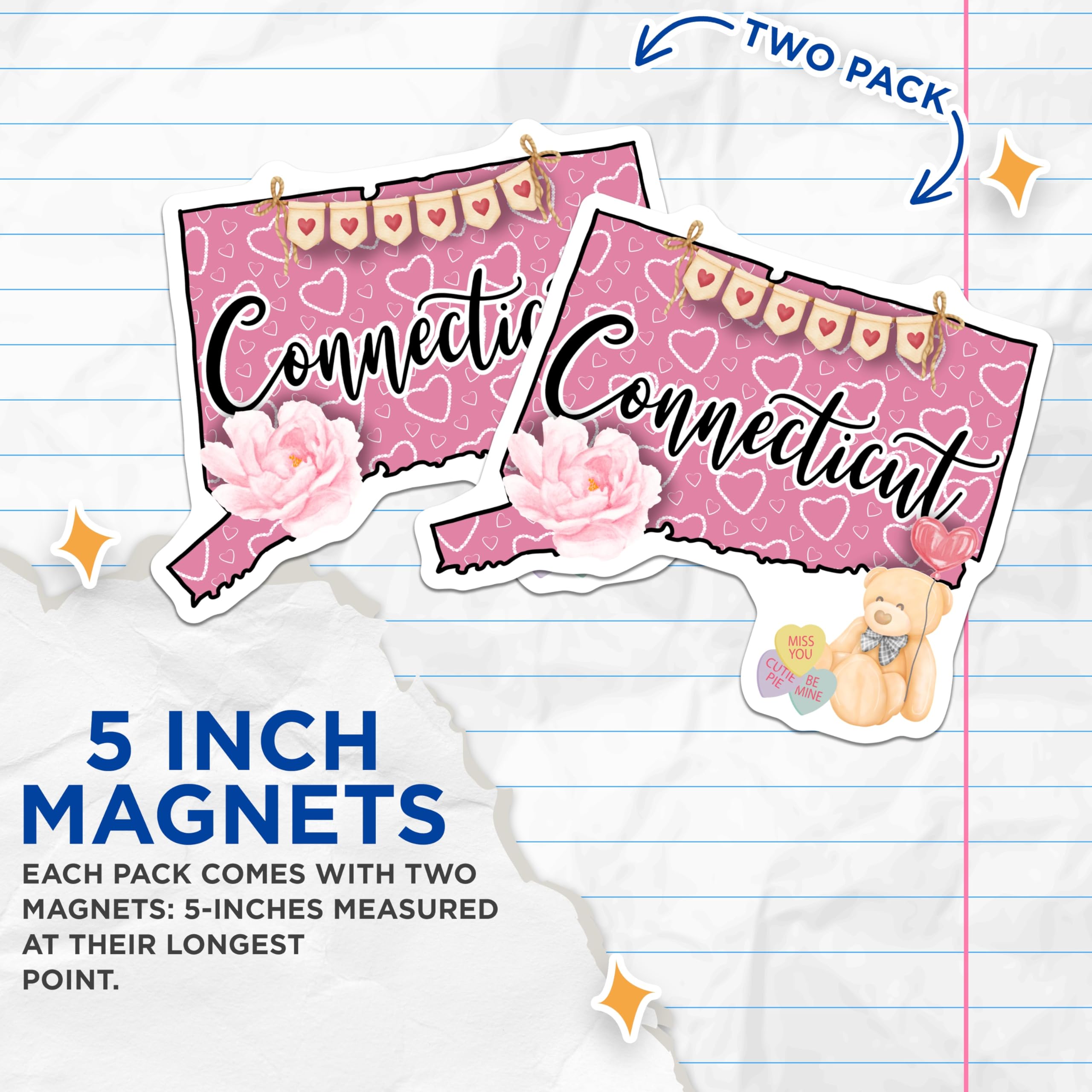 (2 Pack) Connecticut State Magnets - Teddy Bear with Hearts - Connecticut Decor Souvenirs - 5" On Longest Side - Premium Magnet - for Cars, Refrigerators, Toolboxes, Lockers - Made in USA - MAG18757