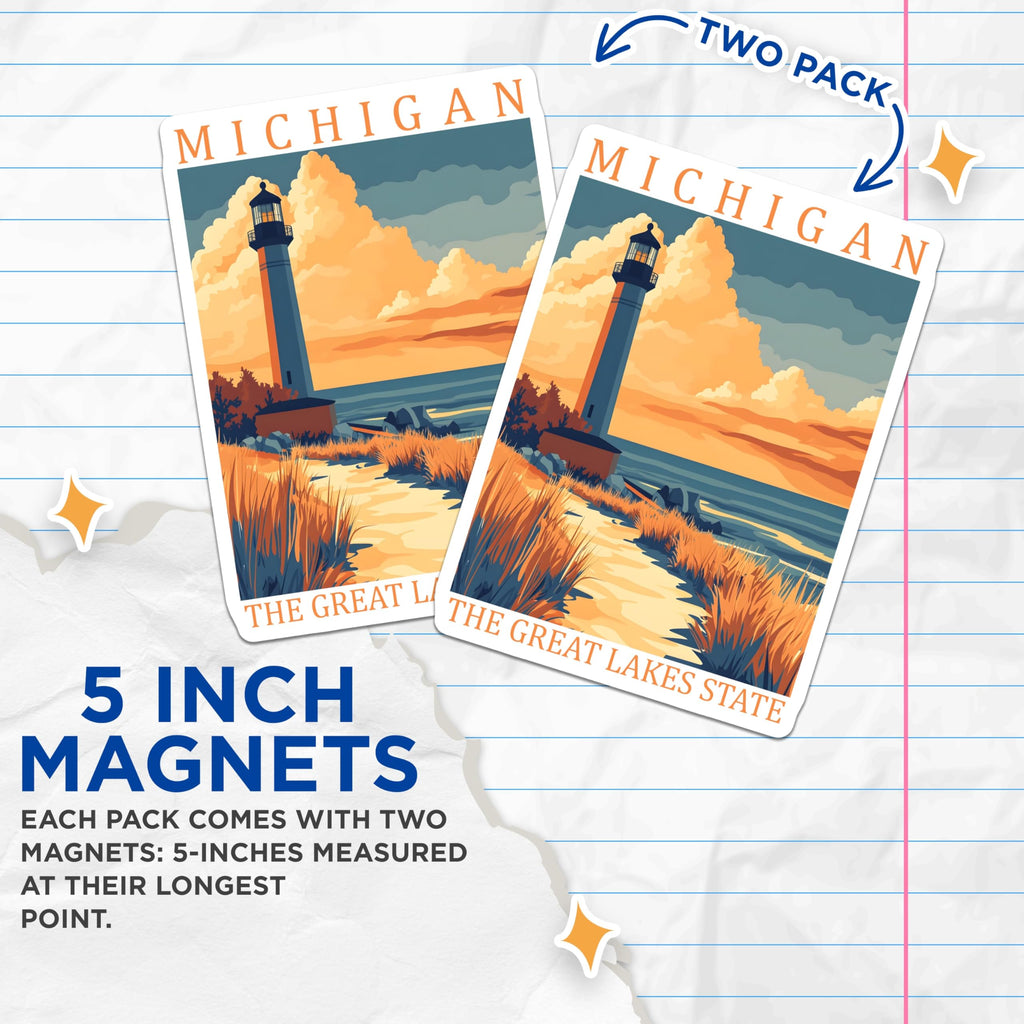 (2 Pack) Michigan Lighthouse Magnets - Great Lakes State - Michigan Travel Souvenir - 5" On Longest Side - Premium Magnet - for Cars, Refrigerators, Toolboxes, Lockers - Made in USA - MAG18784