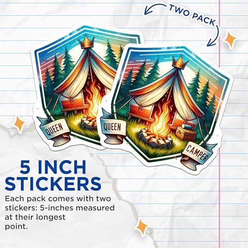 (2 Pack) Queen Camper Stickers - Camping Themed Sticker - Outdoor Adventure Decal - 5" On Longest Side - Sticks to Smooth Flat Surfaces - Made in USA - BMCS6796