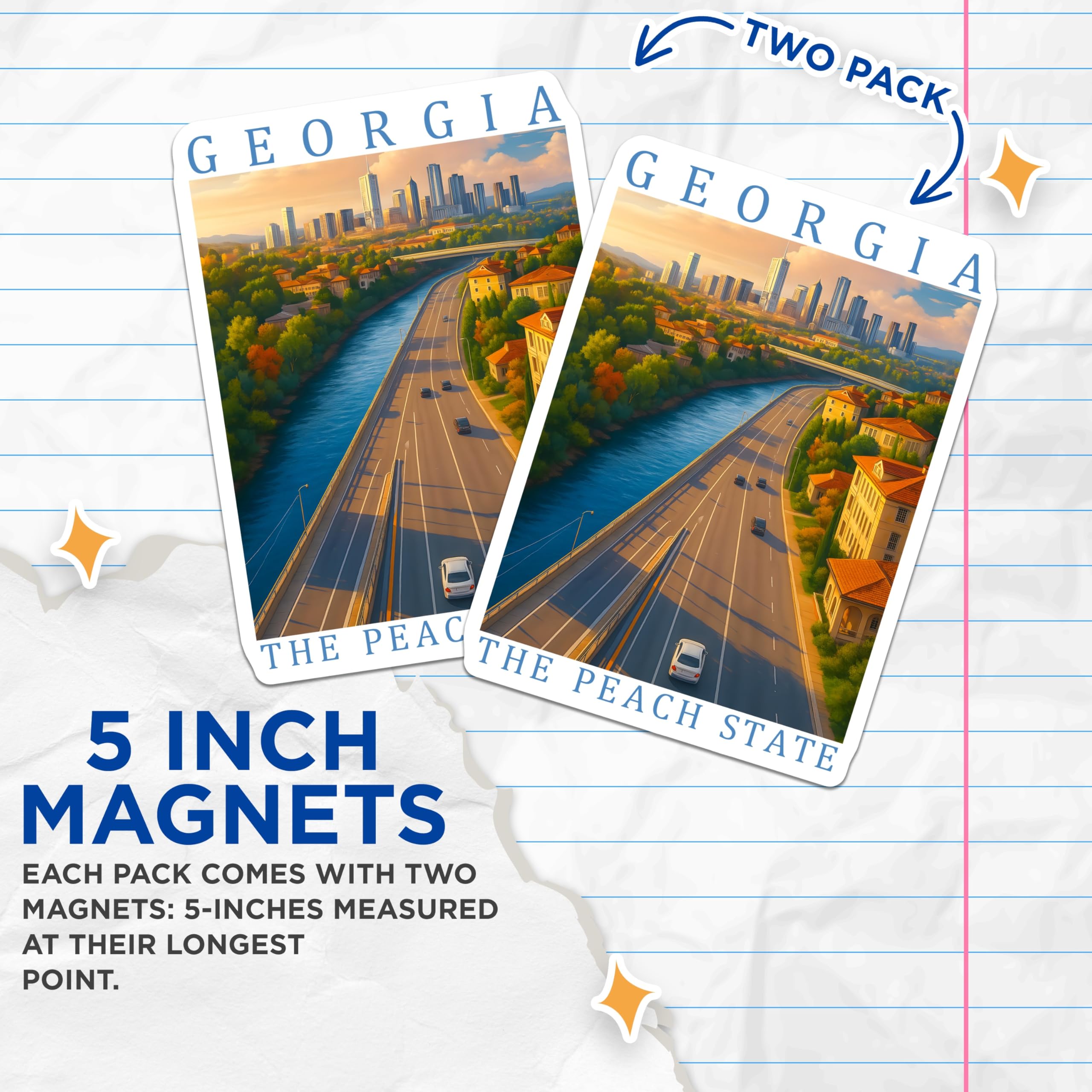 (2 Pack) Georgia Peach State Magnets - Atlanta Skyline - Travel Souvenir Fridge Decor - 5" On Longest Side - Premium Magnet - for Cars, Refrigerators, Toolboxes, Lockers - Made in USA - MAG18593