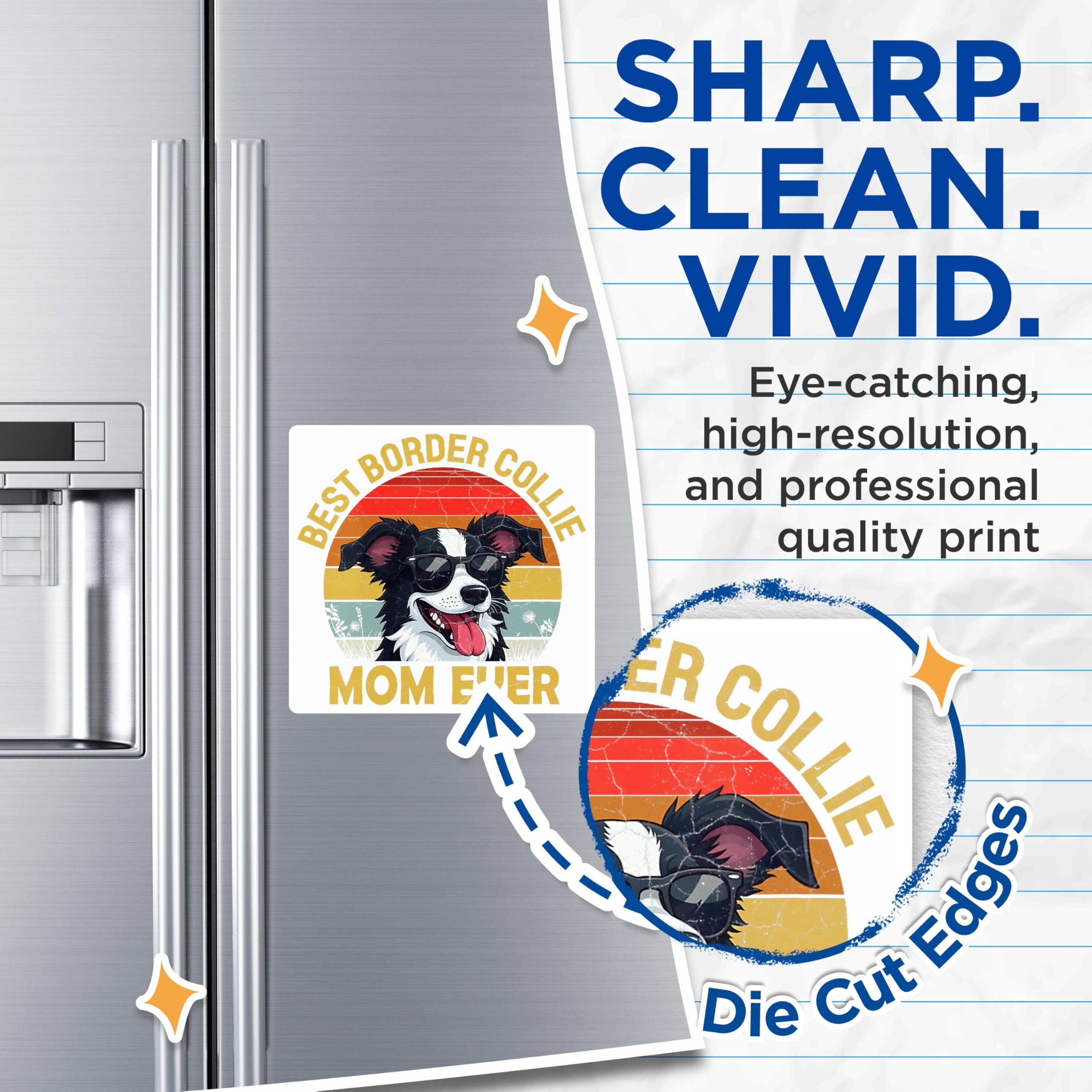 (2 Pack) Border Collie Mom Magnets - Best Dog Mother Ever - Retro Sunset Collie Owner Decor - 5 Inches On Longest Side - Thick Durable Magnet - Made in USA - MAG23514