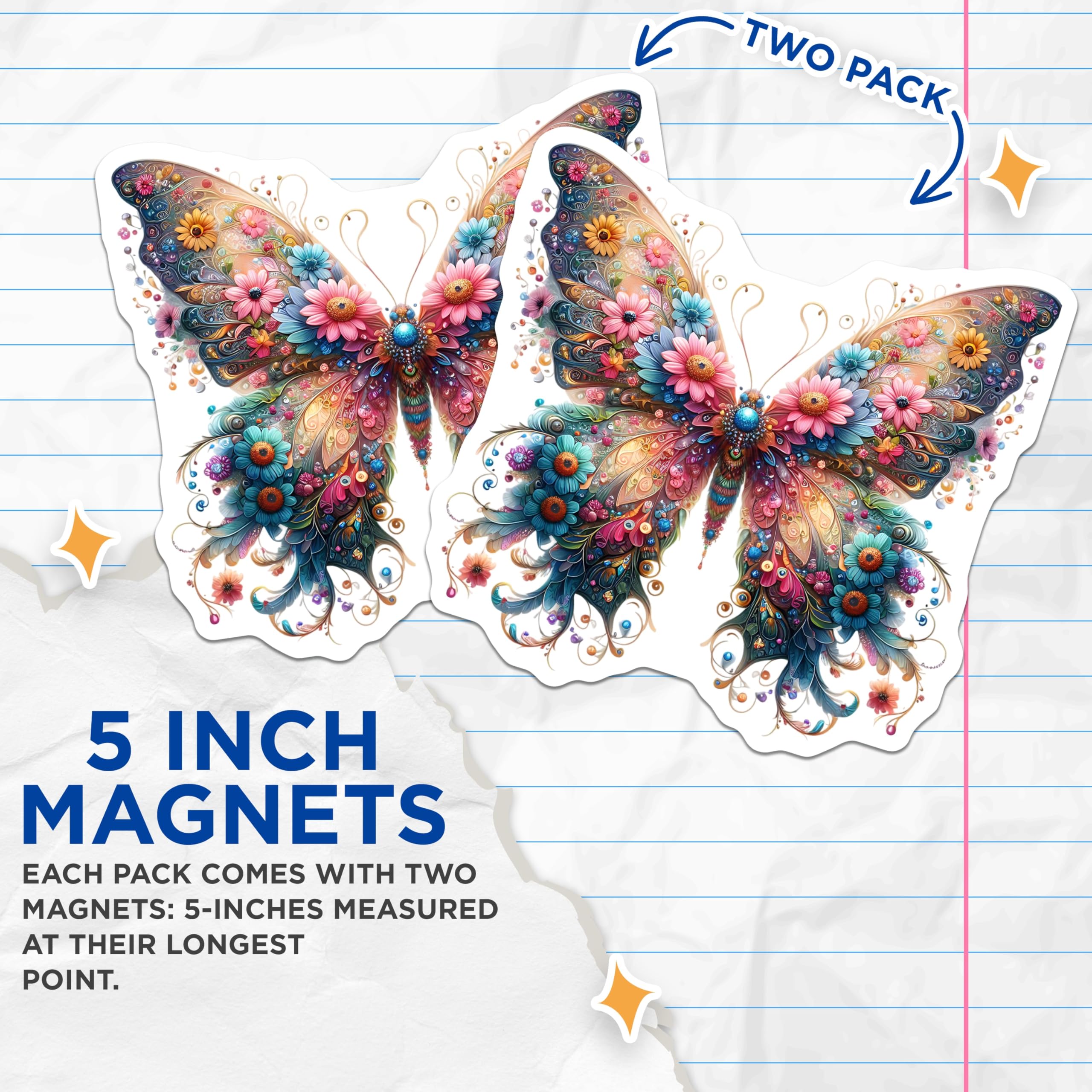 (2 Pack) Butterfly Magnets - Floral Wing Art - Decorative Home Accent - 5" On Longest Side - Premium Magnet - for Cars, Refrigerators, Toolboxes, Lockers - Made in USA - MAG16119