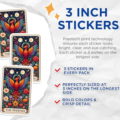 (3 Pack) Phoenix Tarot Decals - Floral Laptop Decals - Magical Bird Art - 3 Inches On Longest Side - Easy Peel & Apply - Made in USA - 3MCS4243