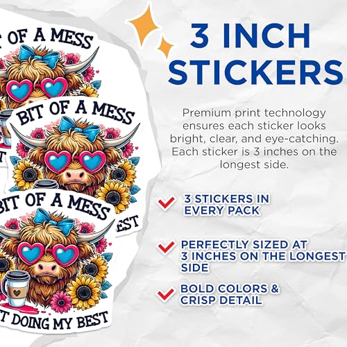(3 Pack) Highland Cow Decals - Funny Cow Stickers - Laptop Decals - 3 Inches On Longest Side - Easy Peel & Apply - Made in USA - 3MCS8635