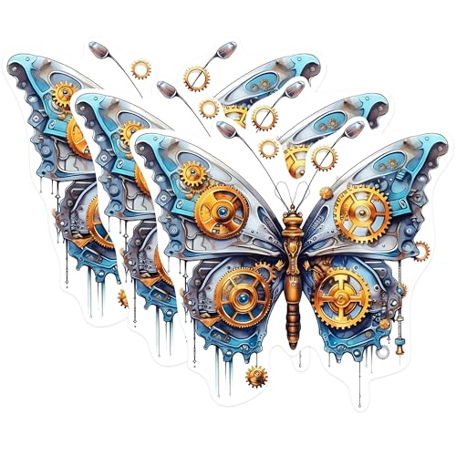 (3 Pack) Steampunk Butterfly Decals - Mechanical Insect Art - Laptop Stickers - 3 Inches On Longest Side - Easy Peel & Apply - Made in USA - 3MCS1197
