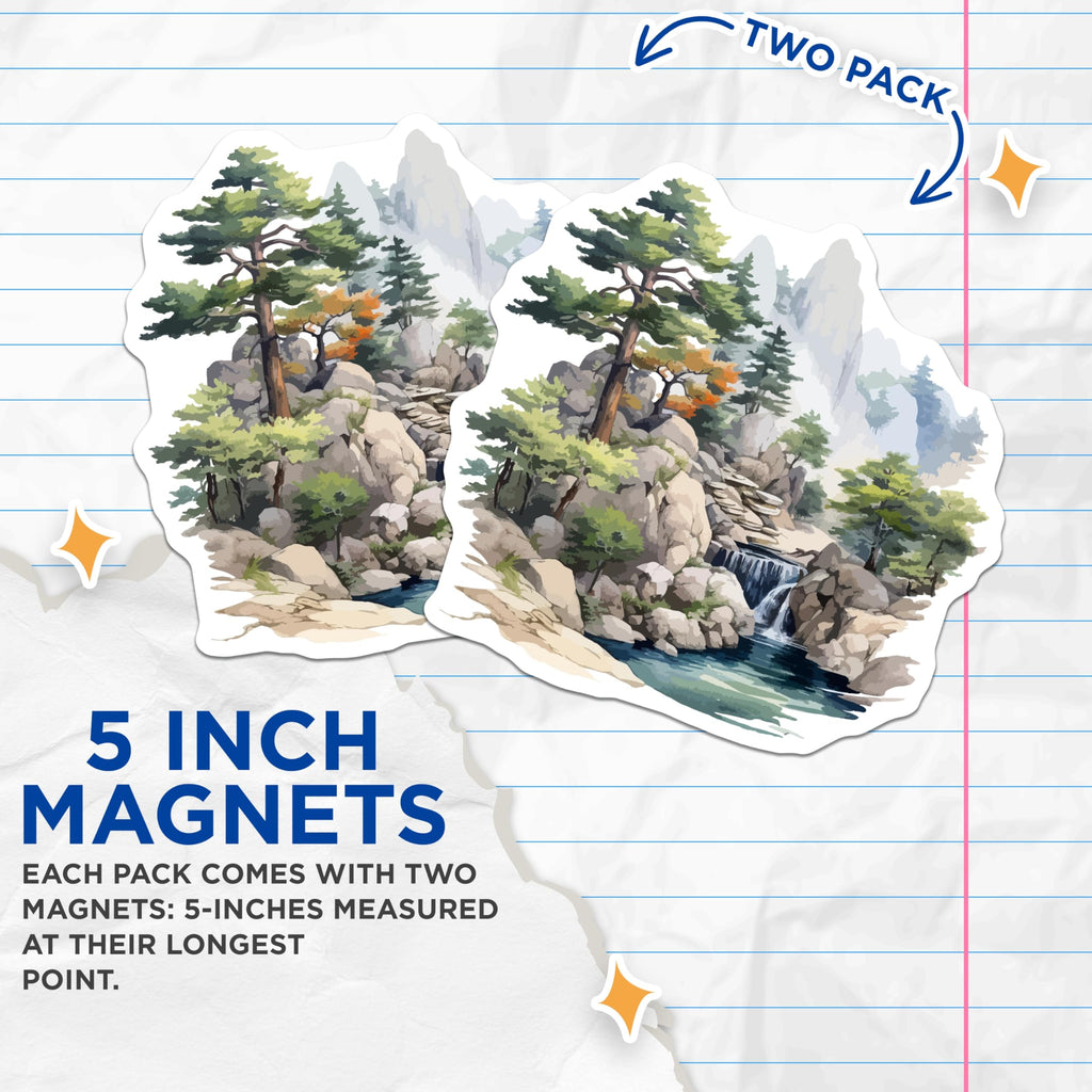 (2 Pack) Scenic Waterfall Magnets - Asian Landscape Art - Zen Nature Decor - 5 Inches On Longest Side - Thick Durable Magnet - Made in USA - MAG19683