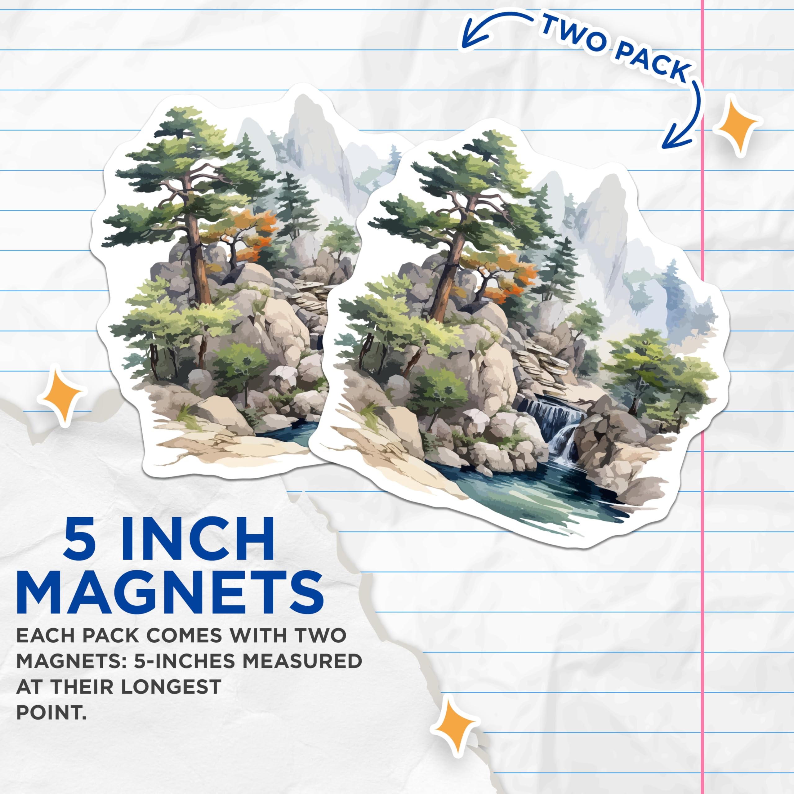 (2 Pack) Scenic Waterfall Magnets - Asian Landscape Art - Zen Nature Decor - 5 Inches On Longest Side - Thick Durable Magnet - Made in USA - MAG19683