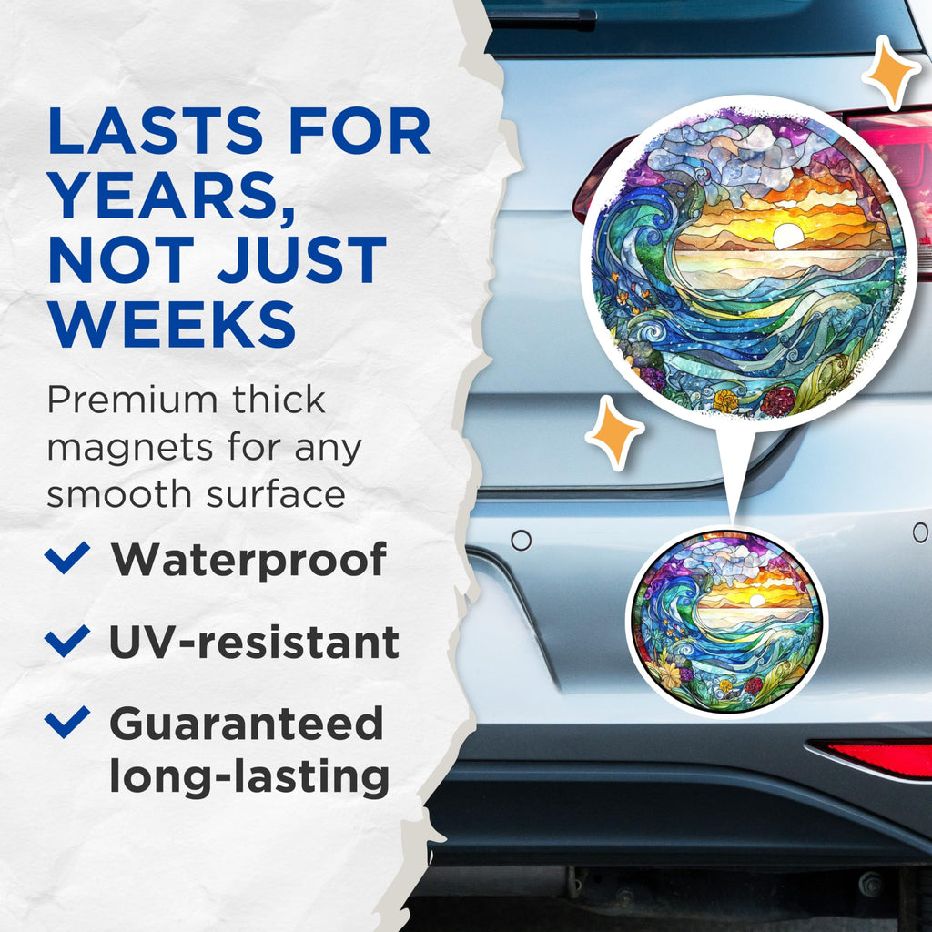 (2 Pack) Stained Glass Ocean Magnets - Sunset Wave Fridge Art - Nature Scene Home Decor - 5 Inches On Longest Side - Thick Durable Magnet - Made in USA - MAG28129
