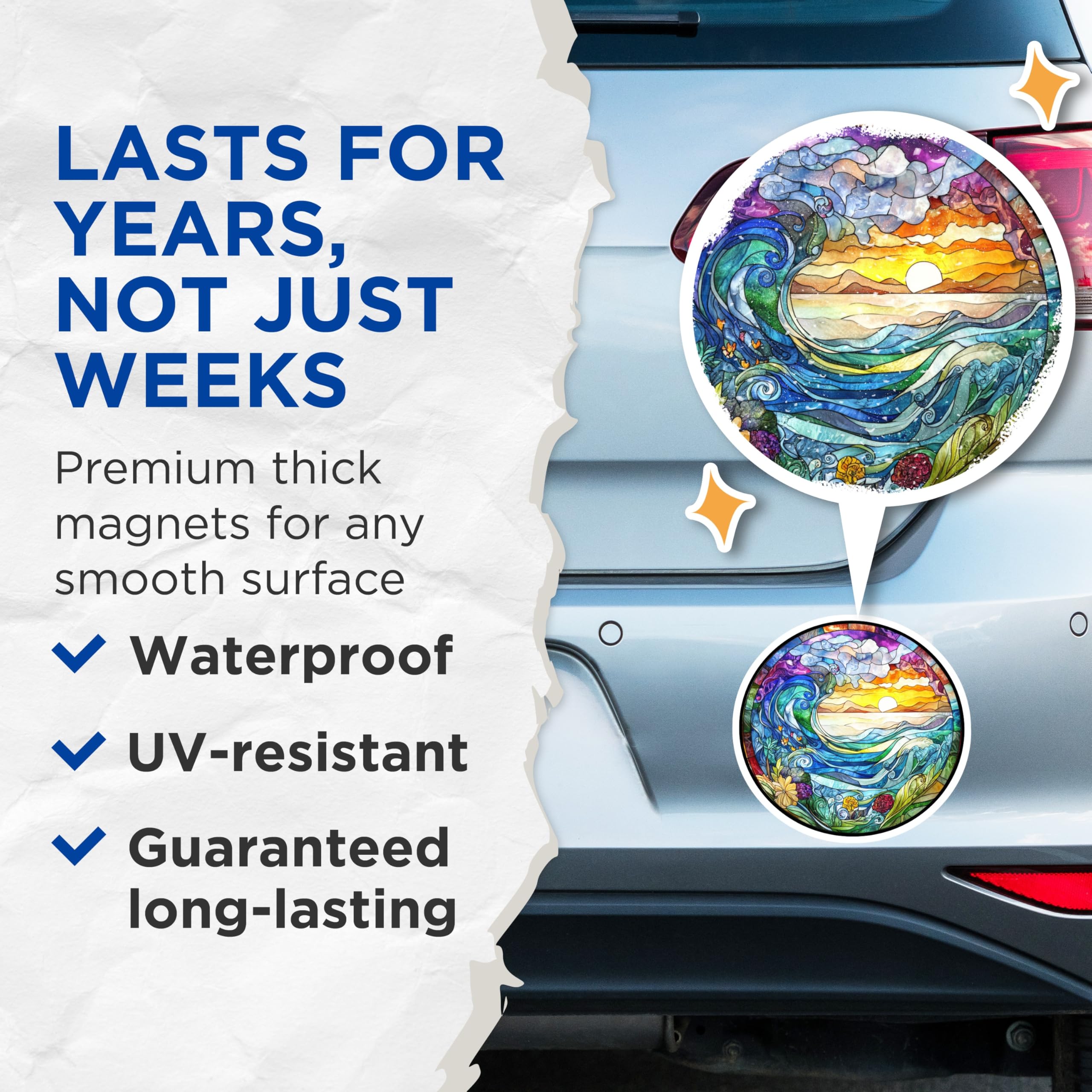 (2 Pack) Stained Glass Ocean Magnets - Sunset Wave Fridge Art - Nature Scene Home Decor - 5 Inches On Longest Side - Thick Durable Magnet - Made in USA - MAG28129