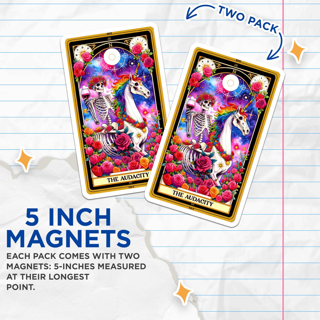 (2 Pack) The Audacity Magnets - Skeleton Unicorn Tarot Card - Cosmic Fantasy Art Decor - 5 Inches On Longest Side - Thick Durable Magnet - Made in USA - MAG22640