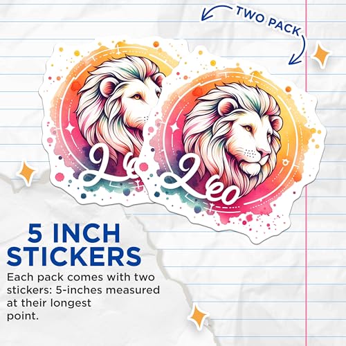 (2 Pack) Leo Zodiac Stickers - Astrology Art - Horoscope Design - 5" On Longest Side - Sticks to Smooth Flat Surfaces - Made in USA - BMCS6998
