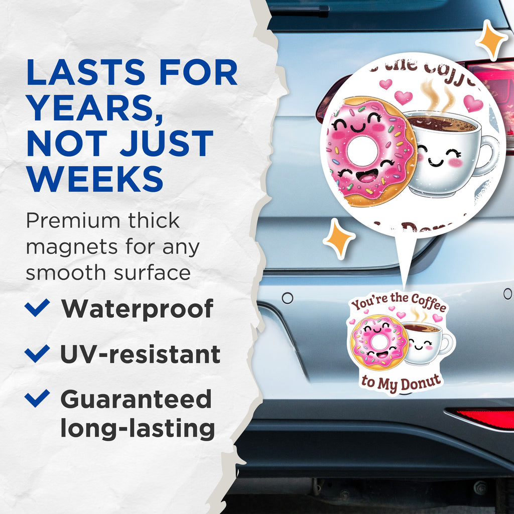 (2 Pack) Coffee Donut Magnets - Cute Couple Decor - Love Pun Refrigerator Magnet - Valentine's Day - 5 Inches On Longest Side - Thick Durable Magnet - Made in USA - MAG38393