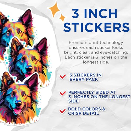 (3 Pack) German Shepherd Decals - Colorful Dog Breed - Laptop Decals - 3 Inches On Longest Side - Easy Peel & Apply - Made in USA - 3MCS0647