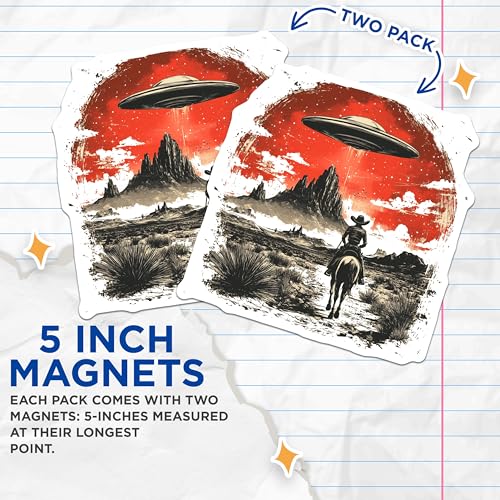 (2 Pack) Alien Abduction Magnet - Sci-Fi Western Scene - Unique Space Cowboys - 5" On Longest Side - Sticks to Smooth Flat Surfaces - Made in USA - MAG9944