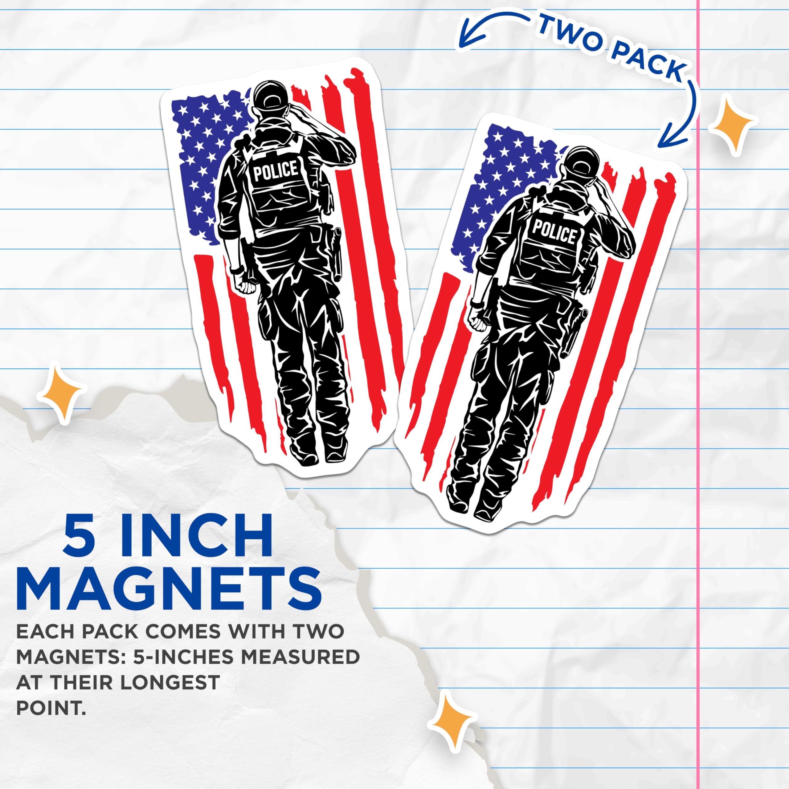 (2 Pack) Police Officer Magnets - Patriotic American Flag Salute Art - Law Enforcement Honor Display - 5 Inches On Longest Side - Thick Durable Magnet - Made in USA - MAG23054