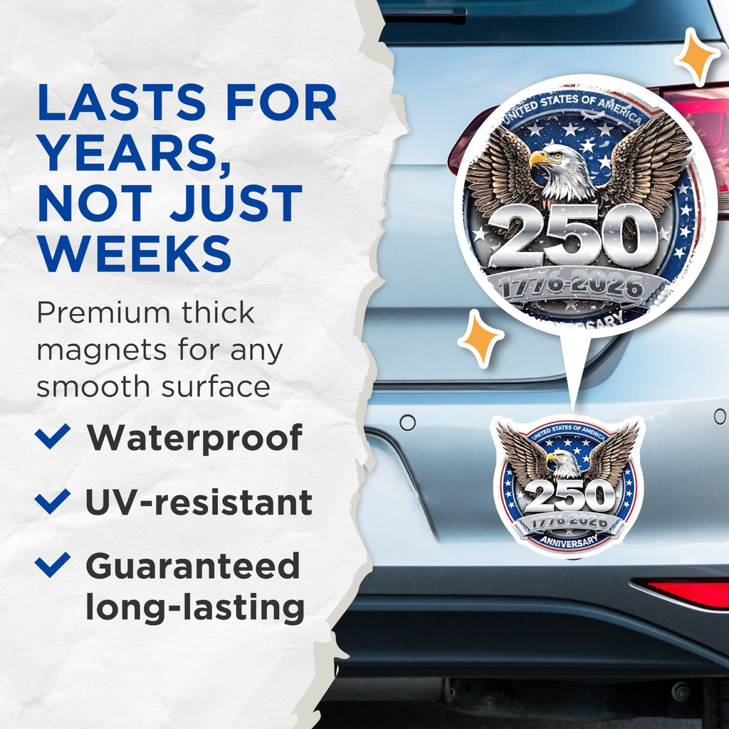 (2 Pack) USA 250th Anniversary Magnets - Patriotic American Eagle - 1776 2026 Commemorative Decor - 5 Inches On Longest Side - Thick Durable Magnet - Made in USA - MAG29007