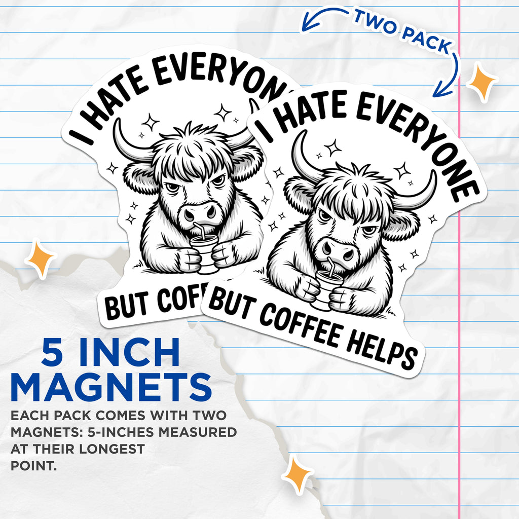(2 Pack) Sarcastic Coffee Cow Magnets - Funny Highland Cow Decor - Introvert Humor Refrigerator Art - Coffee Lover Gifts - 5 Inches On Longest Side - Thick Durable Magnet - Made in USA - MAG38893