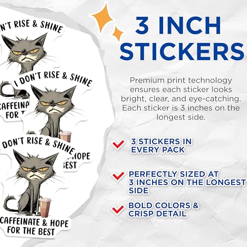 (3 Pack) Funny Cat Decals - I Caffeinate Hope - Grumpy Cat Laptop Decal - 3 Inches On Longest Side - Easy Peel & Apply - Made in USA - 3MCS6582
