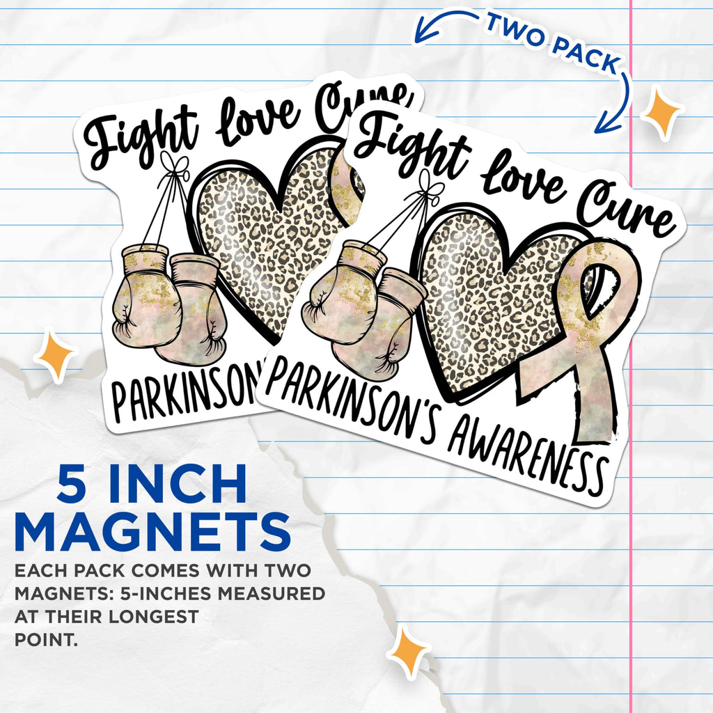 (2 Pack) Parkinson's Awareness Magnets - Fight Love Cure - Boxing Gloves Leopard Heart Ribbon Design - 5" On Longest Side - for Cars, Fridges, Toolboxes - Made in USA - MAG4282