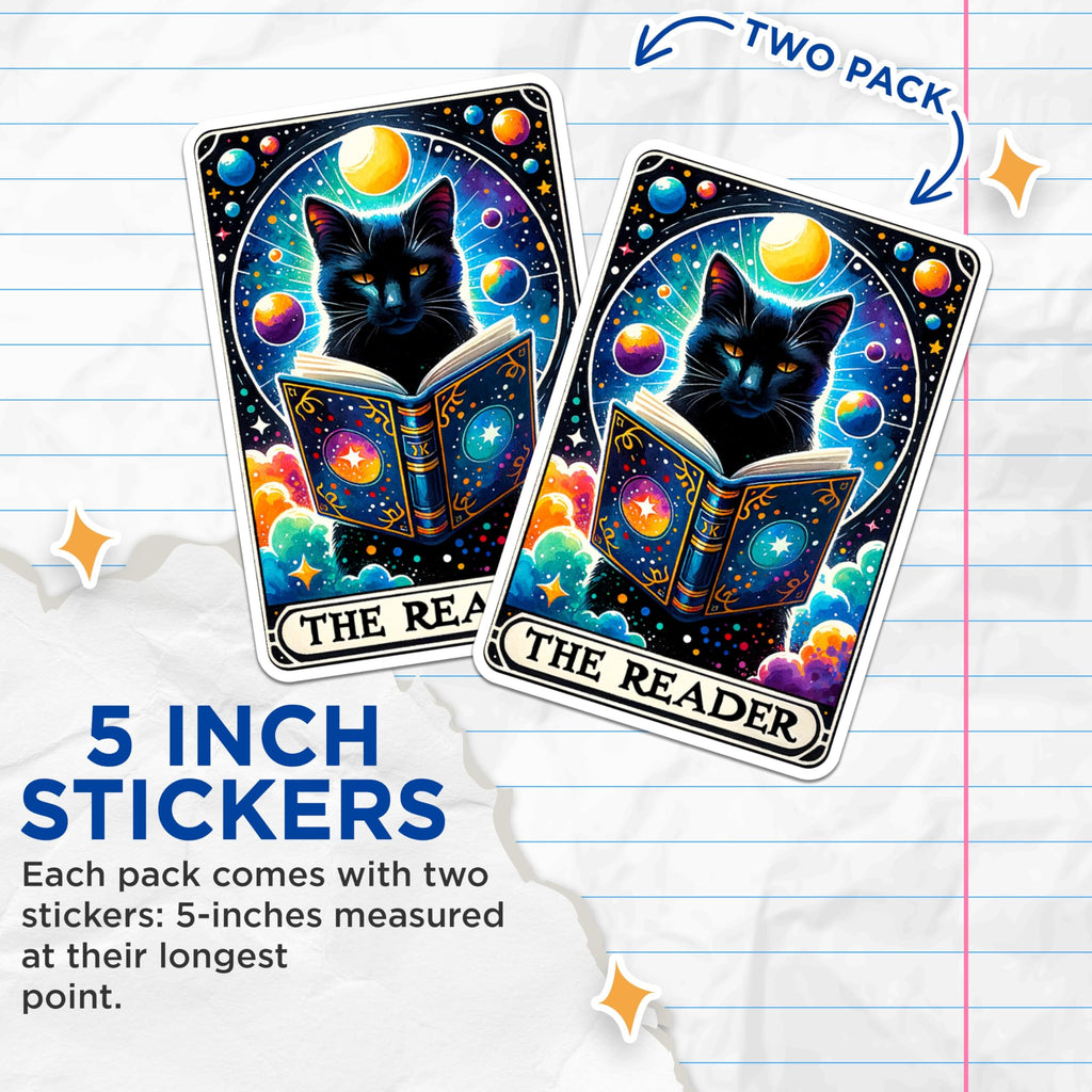 (2 Packs) The Reader Black Cat Reading Tarot Card Stickers - Mystical Magical Metaphysical Decals - 5 Inches On Longest Side - Vinyl Decal - Sticks to Any Smooth Flat Surface - Made in USA - BMCS2537