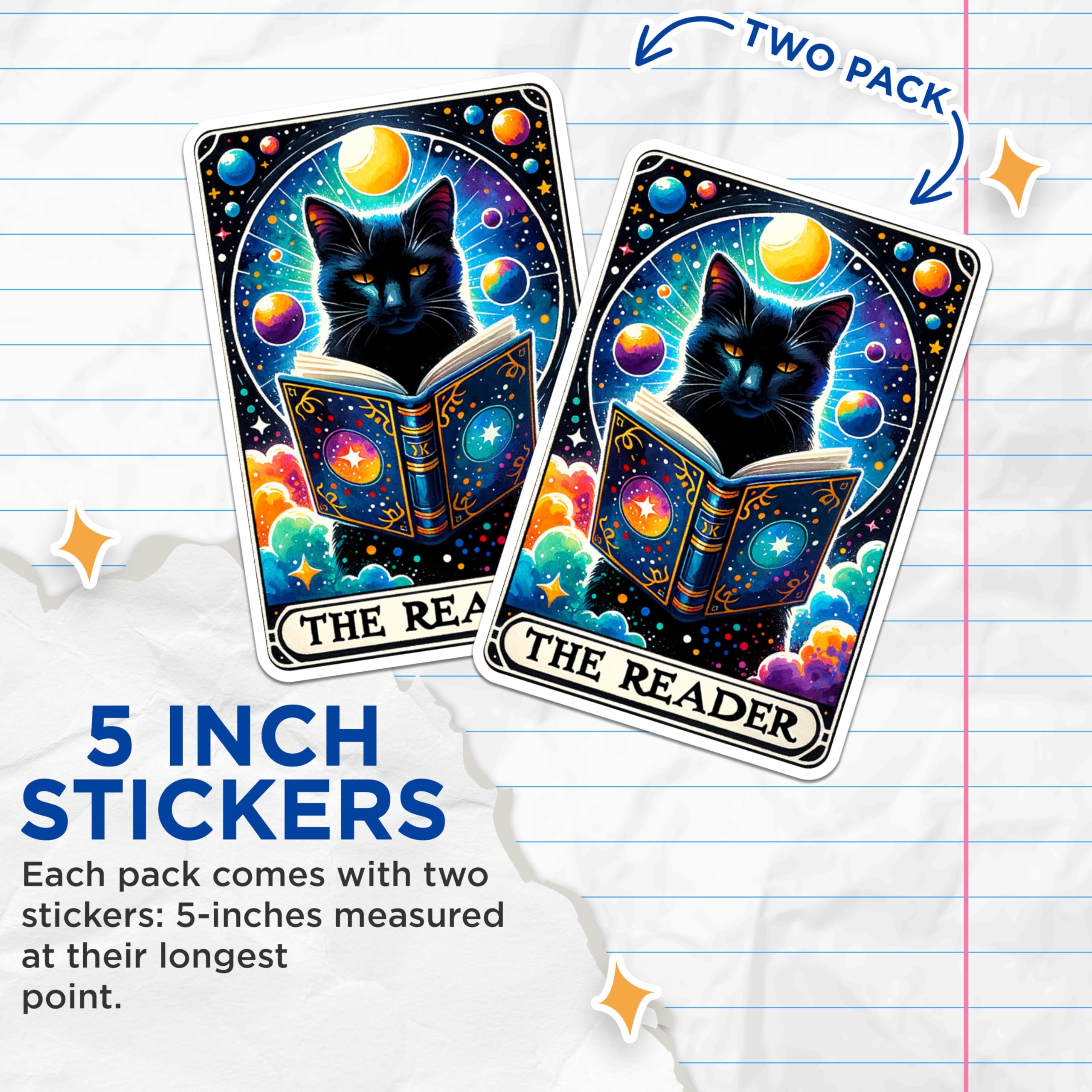 (2 Packs) The Reader Black Cat Reading Tarot Card Stickers - Mystical Magical Metaphysical Decals - 5 Inches On Longest Side - Vinyl Decal - Sticks to Any Smooth Flat Surface - Made in USA - BMCS2537