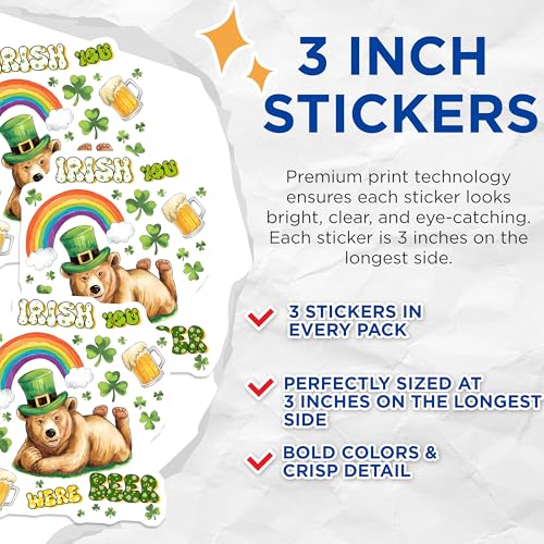 (3 Pack) St Patricks Day Bear Decals - Irish You were Beer - Rainbow Laptop Decals - 3 Inches On Longest Side - Easy Peel & Apply - Made in USA - 3MCS7164
