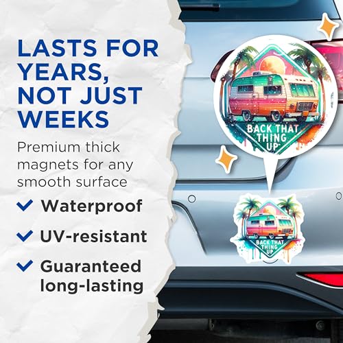(2 Pack) Back That Thing Up Magnets - Travel Magnets - Funny RV Magnets Adventure - 5" On Longest Side - for Cars, Fridges, Toolboxes - Made in USA - MAG6885