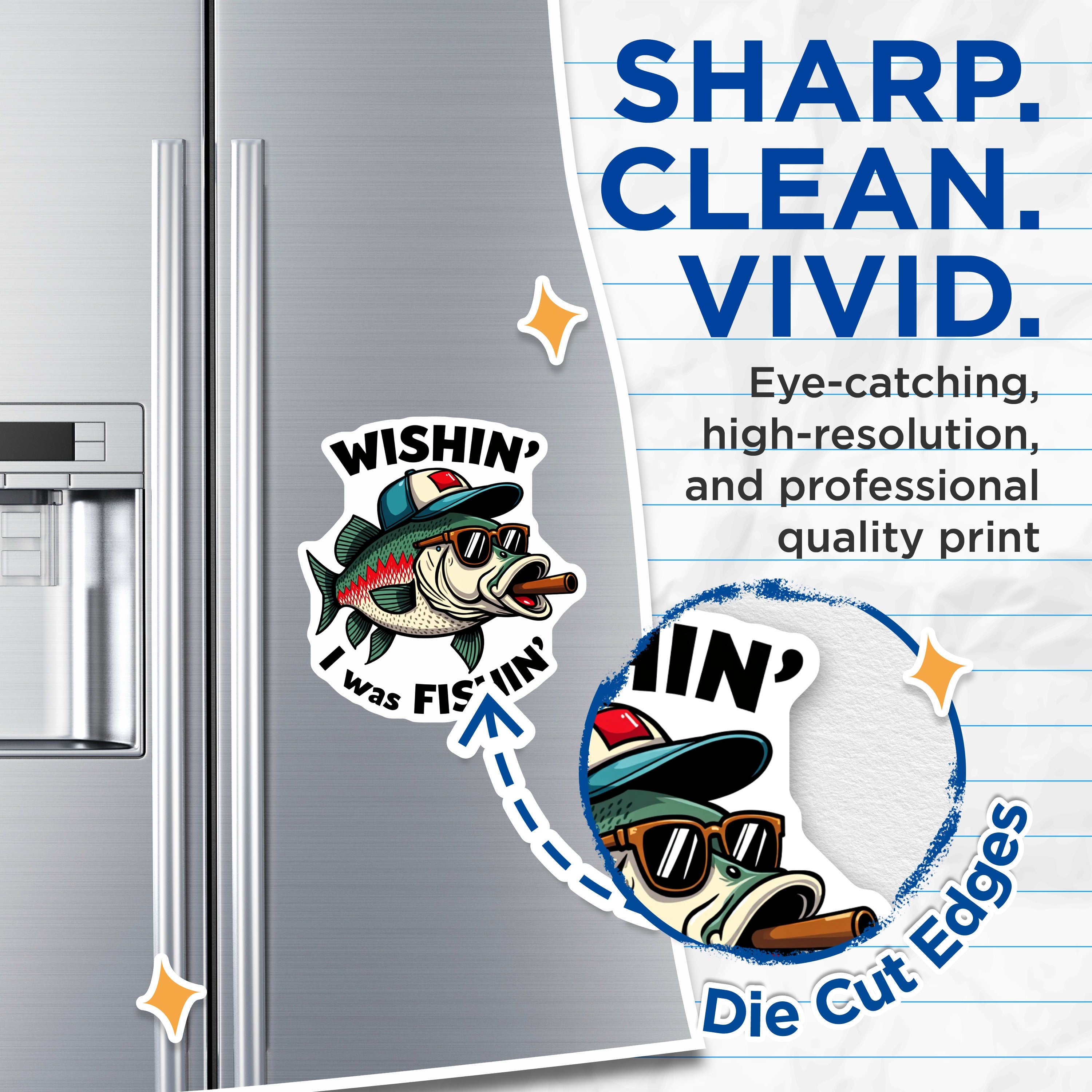 (2 Pack) Funny Fishing Magnets - Wishin I was Fishin - Angler Humor Refrigerator Decor for Dad - 5 Inches On Longest Side - Thick Durable Magnet - Made in USA - MAG37762