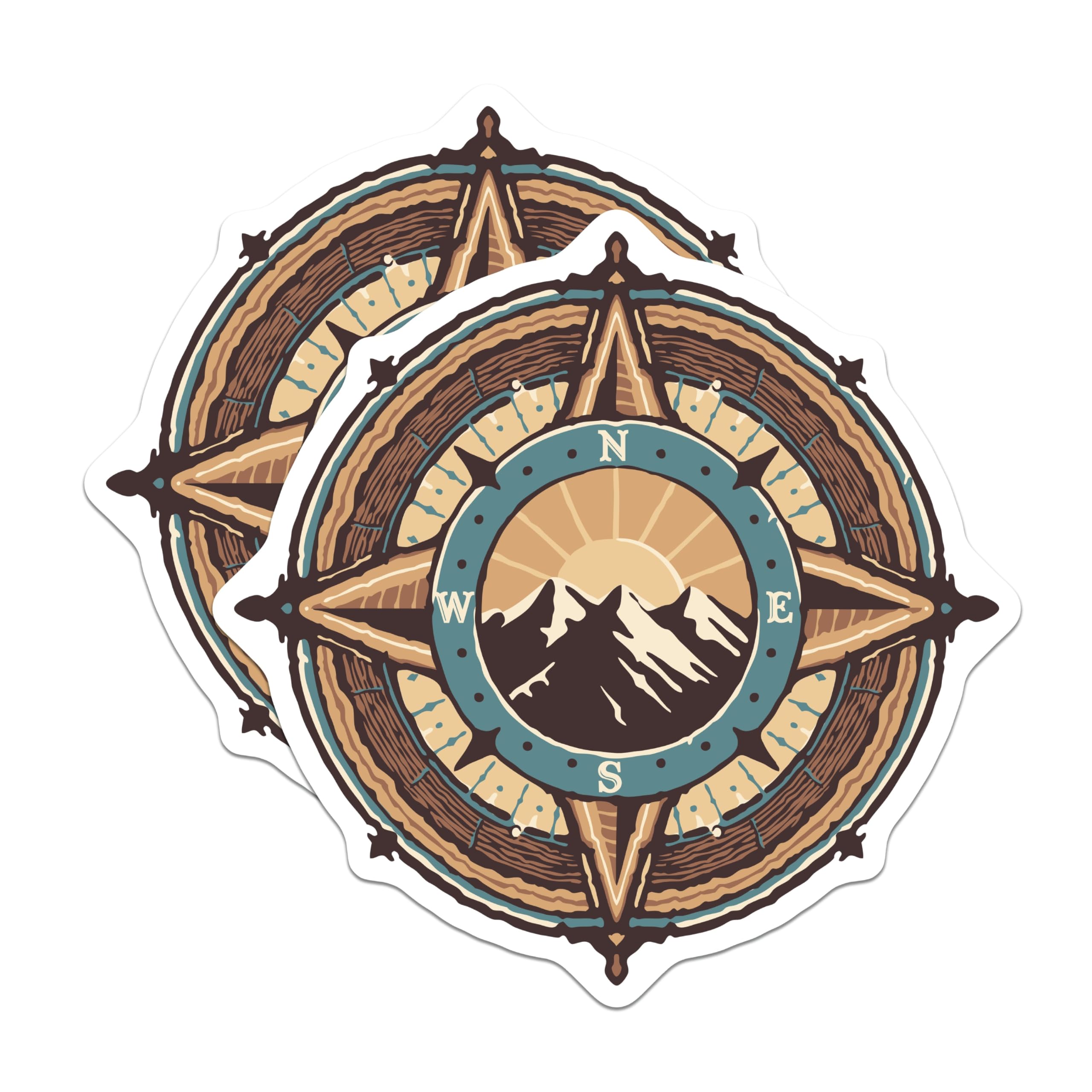 (2 Pack) Rustic Compass Rose Navigation Magnets - Majestic Mountain Sunrise Art - Wanderlust Outdoor Exploration Decor - 5 Inches On Longest Side - Thick Durable Magnet - Made in USA - MAG22292