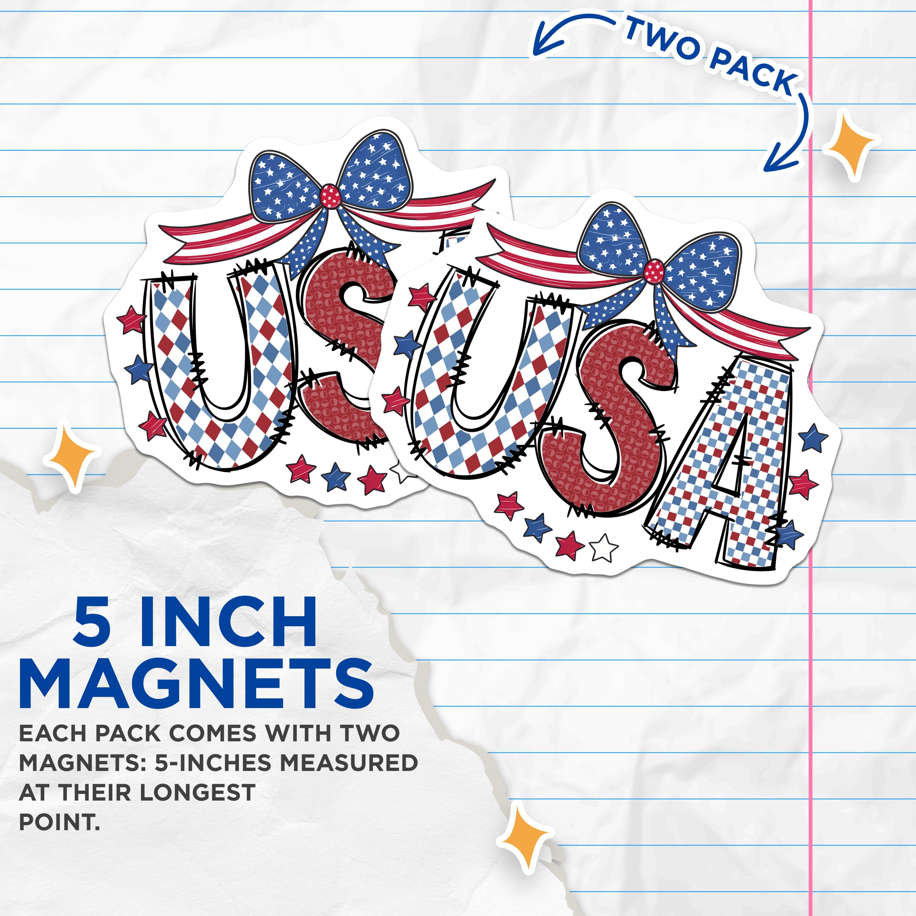 (2 Pack) USA Magnets - Patriotic American Decor - 4th of July Decoration - Military Appreciation - Stars Stripes - 5 Inches On Longest Side - Thick Durable Magnet - Made in USA - MAG36273