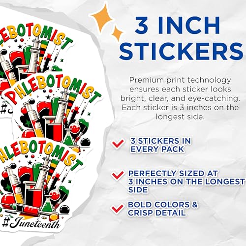 (3 Pack) Phlebotomist Decals - Juneteenth Celebration - Medical Field Stickers - 3 Inches On Longest Side - Easy Peel & Apply - Made in USA - 3MCS6117
