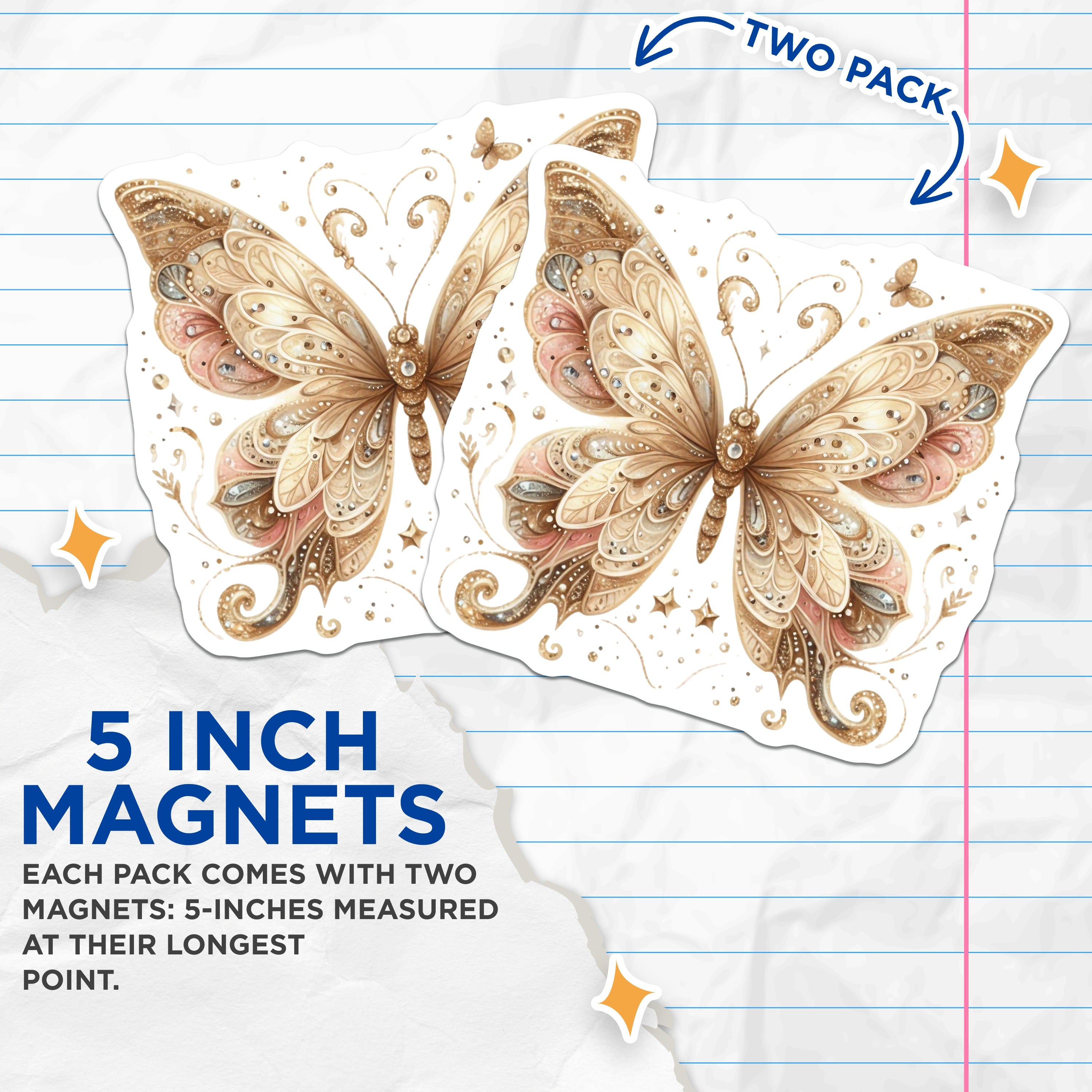 (2 Pack) Elegant Butterfly Magnets - Shimmering Gold Decor - Aesthetic Refrigerator Locker Accessories - 5 Inches On Longest Side - Thick Durable Magnet - Made in USA - MAG37130