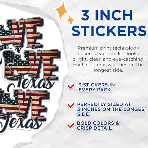 (3 Pack) Texas Love Decals - USA Flag - Laptop Decals - 3 Inches On Longest Side - Easy Peel & Apply - Made in USA - 3MCS0334