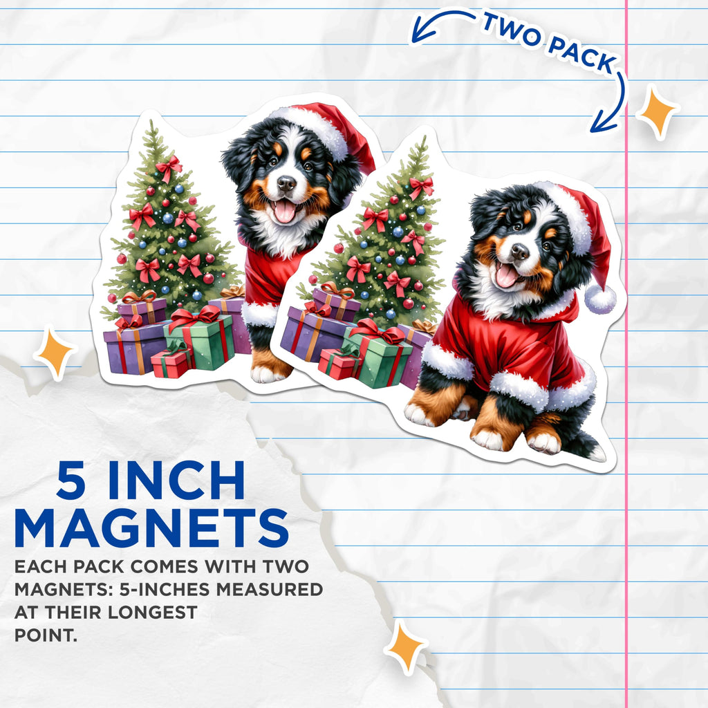 (2 Pack) Christmas Bernese Puppy Magnets - Santa Dog Holiday Decor - Festive Fridge Art Decor - 5 Inches On Longest Side - Thick Durable Magnet - Made in USA - MAG26052
