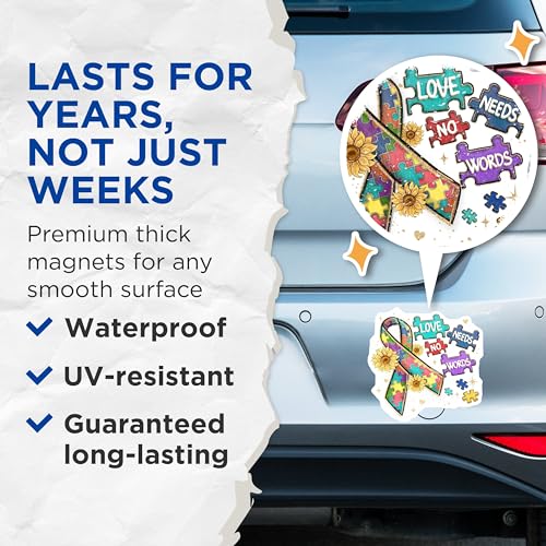 (2 Pack) Love Needs No Words Magnets - Autism Awareness - Puzzle Piece Magnets - 5" On Longest Side - for Cars, Fridges, Toolboxes - Made in USA - MAG4155