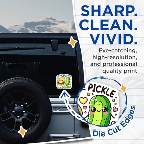 (2 Pack) Cute Food Stickers - Kawaii Burger and Pickle - Adorable Kitchen Decorations - 5" On Longest Side - Sticks to Smooth Flat Surfaces - Made in USA - BMCS5698