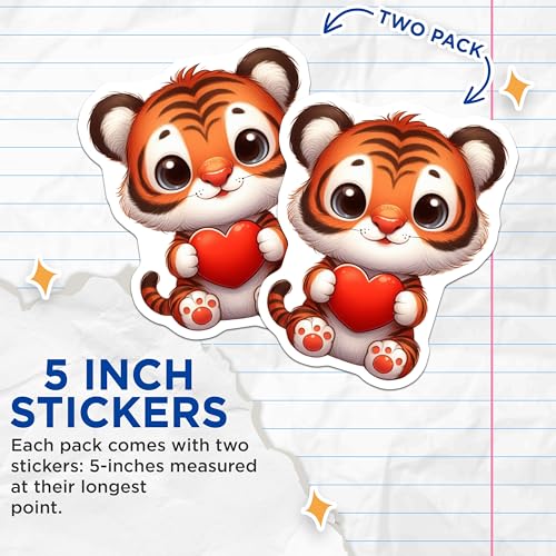 (2 Pack) Cute Tiger Holding Heart Stickers - Cartoon Animal Stickers - Adorable Tiger Decal - 5" On Longest Side - Sticks to Smooth Flat Surfaces - Made in USA - BMCS3698