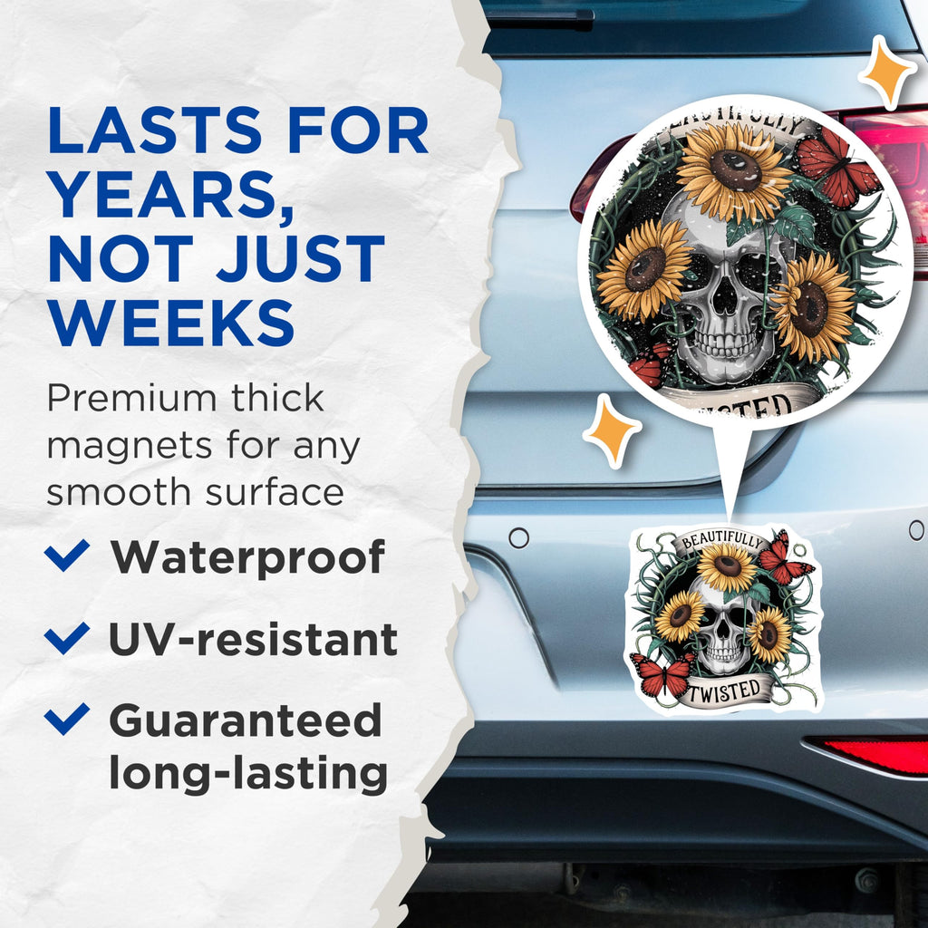 (2 Pack) Beautifully Twisted Skull Magnets - Sunflower Butterfly Gothic Decor - Macabre Aesthetic Refrigerator Art - 5 Inches On Longest Side - Thick Durable Magnet - Made in USA - MAG21002
