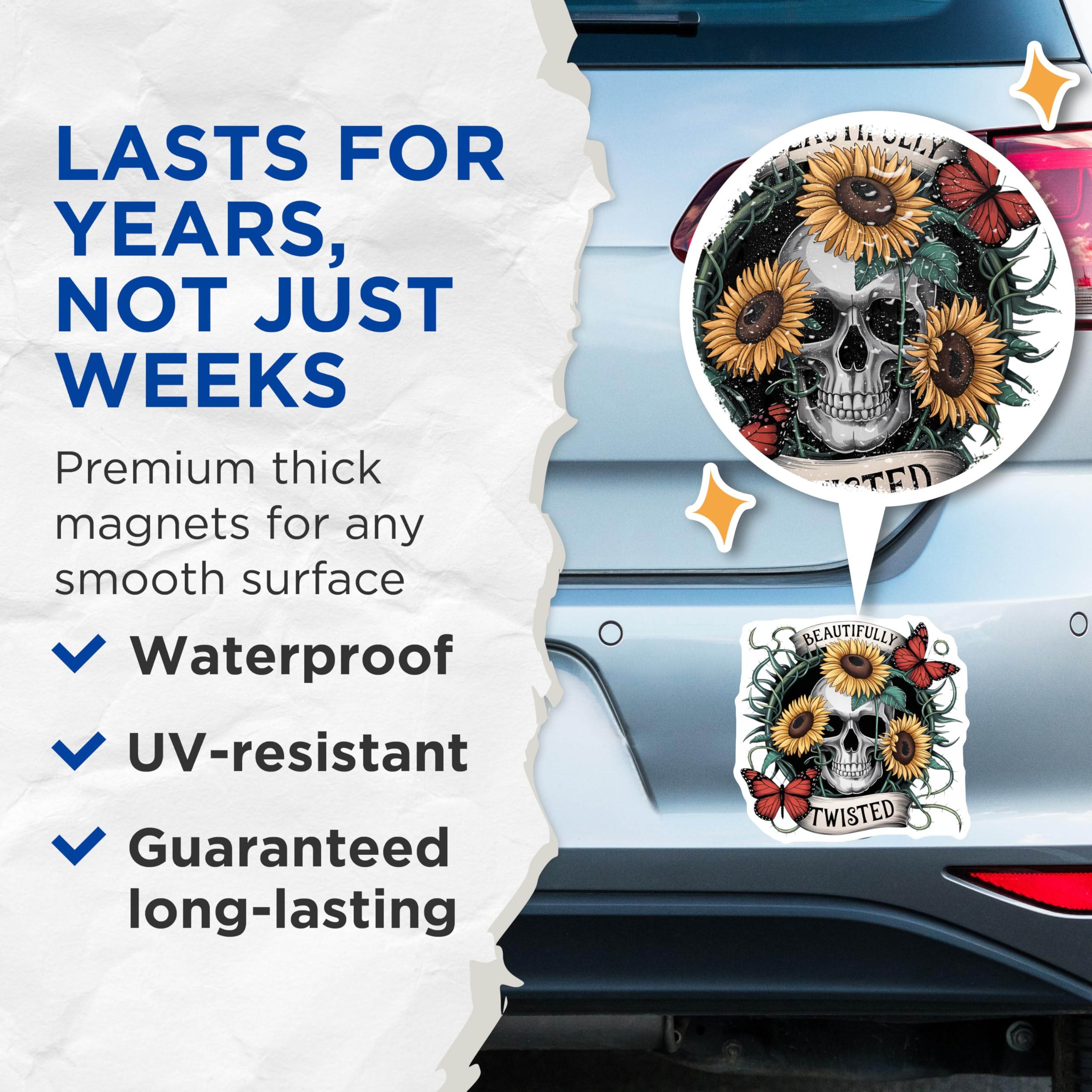(2 Pack) Beautifully Twisted Skull Magnets - Sunflower Butterfly Gothic Decor - Macabre Aesthetic Refrigerator Art - 5 Inches On Longest Side - Thick Durable Magnet - Made in USA - MAG21002