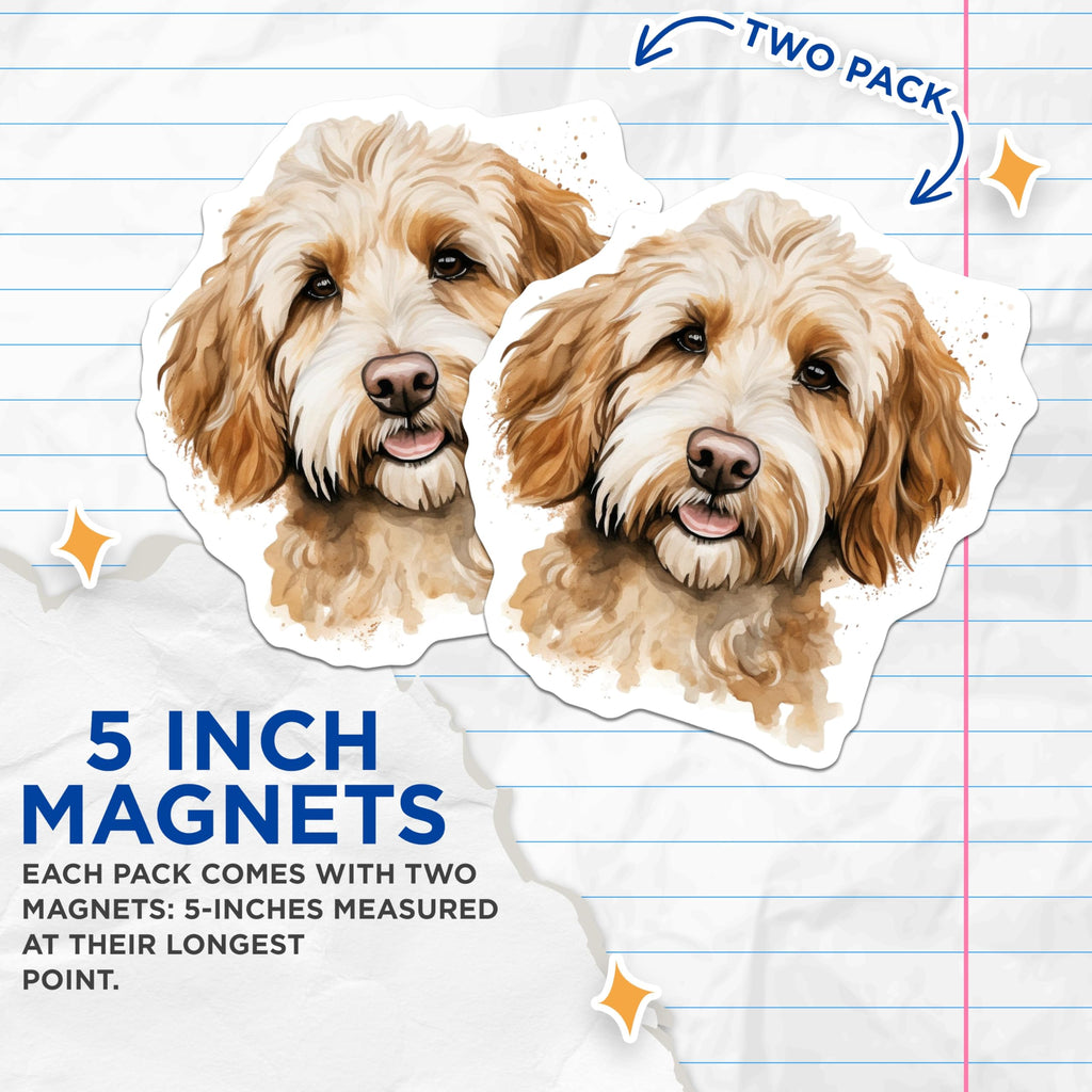 (2 Pack) Goldendoodle Magnets - Watercolor Dog Art - Pet Owner Fridge Decor - 5 Inches On Longest Side - Thick Durable Magnet - Made in USA - MAG27984