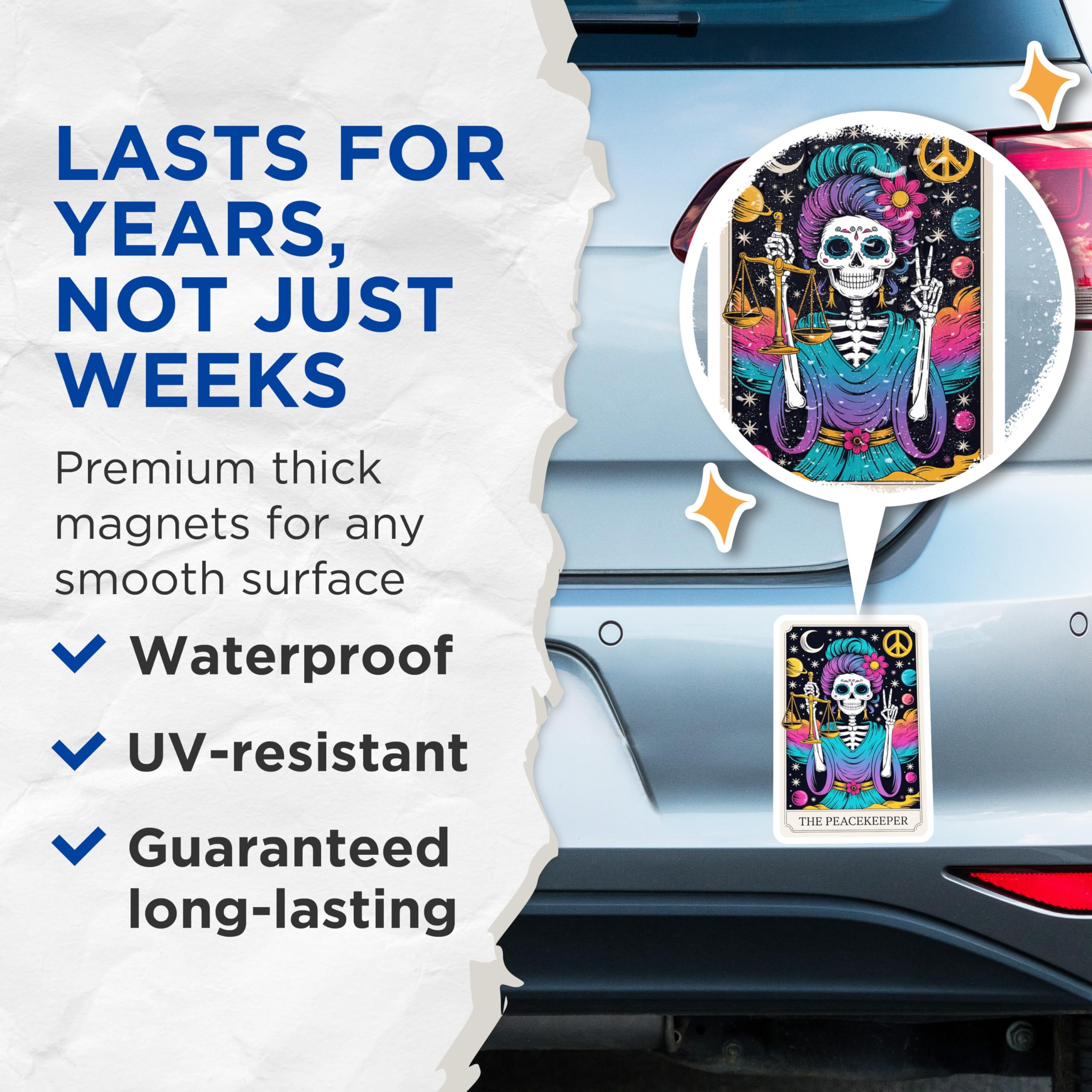 (2 Pack) Peacekeeper Sugar Skull Magnets - Tarot Card Celestial Artwork - Hippie Peace Balance Symbolism Decor - 5 Inches On Longest Side - Thick Durable Magnet - Made in USA - MAG21129