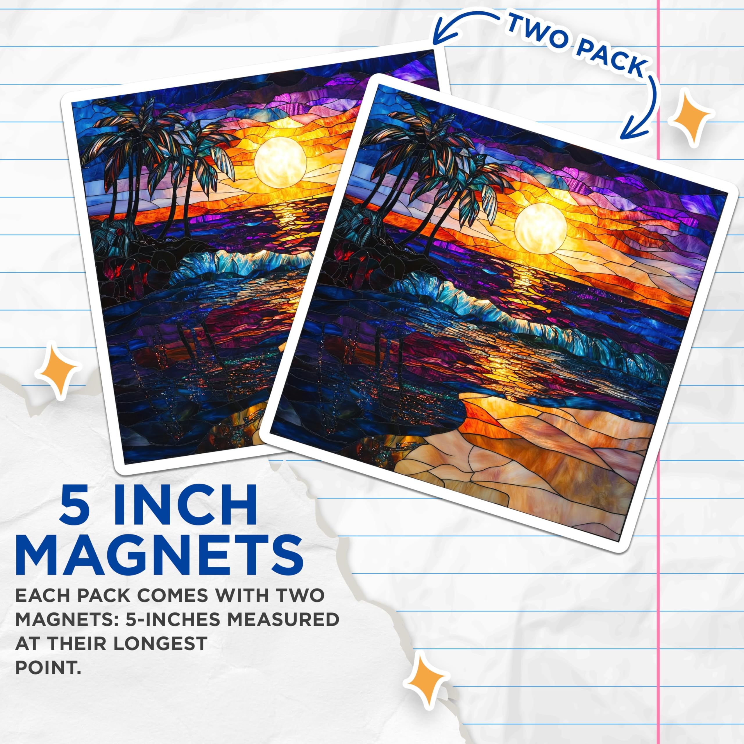 (2 Pack) Tropical Sunset Magnets - Stained Glass Ocean Decor - Beach House Fridge Art - 5 Inches On Longest Side - Thick Durable Magnet - Made in USA - MAG30405