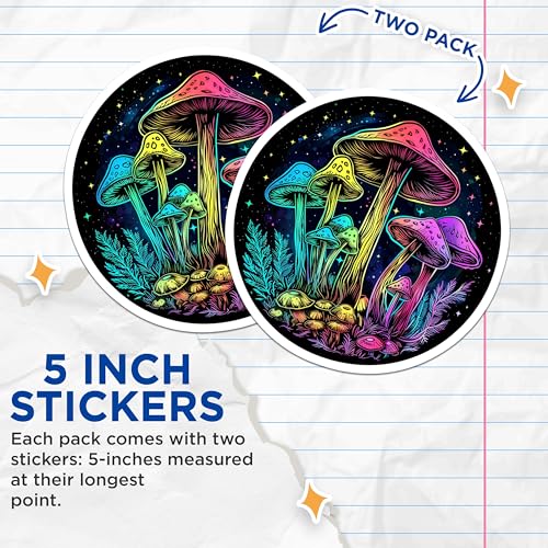 (2 Pack) Psychedelic Mushroom Stickers - Trippy Mushroom Art - Colorful Mushroom Design for Water Bottle or Laptop - 5" On Longest Side - Sticks to Smooth Flat Surfaces - Made in USA - BMCS6594