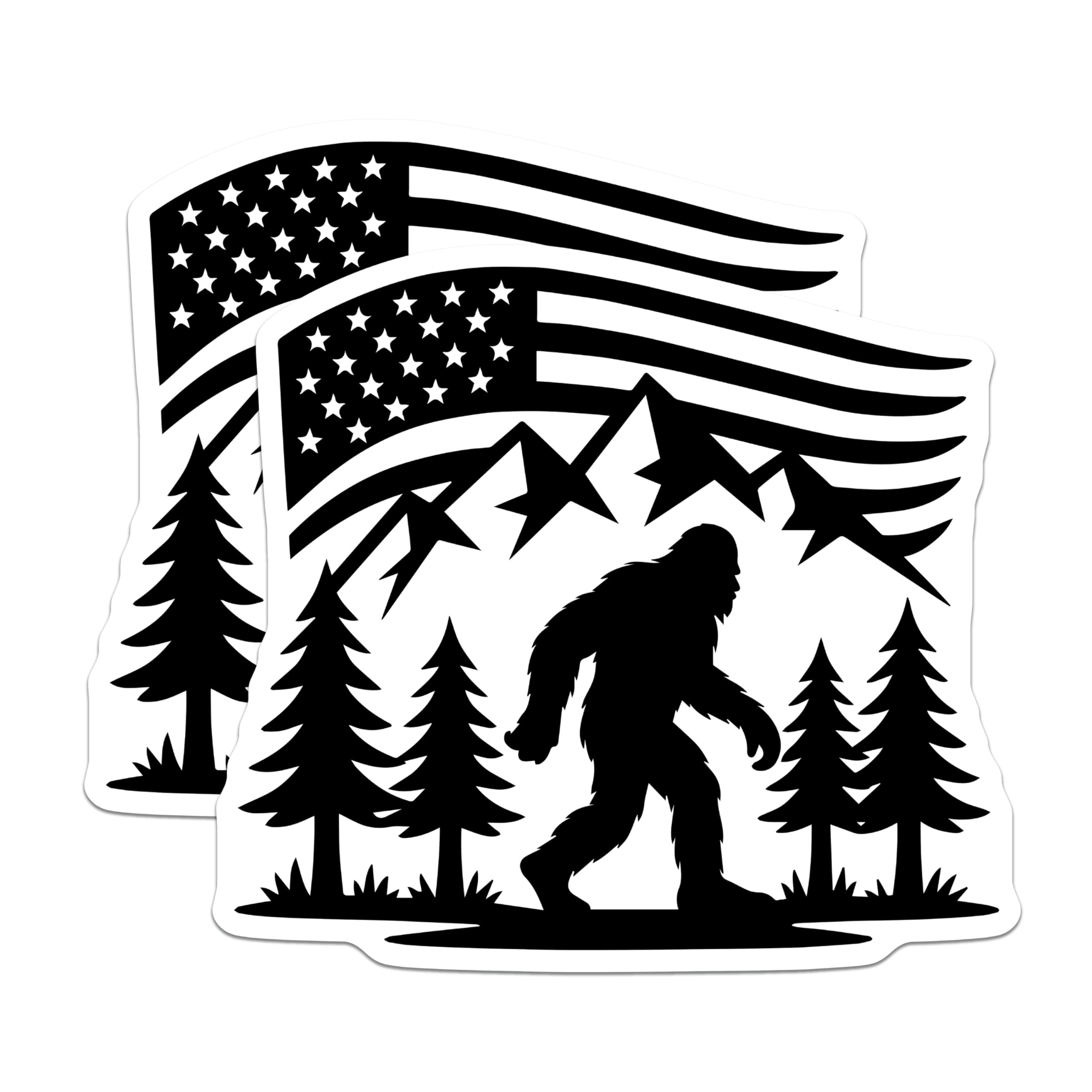 (2 Pack) Bigfoot American Flag Magnets - Sasquatch Mountain Forest - Patriotic Outdoors USA Decor - 5 Inches On Longest Side - Thick Durable Magnet - Made in USA - MAG22244